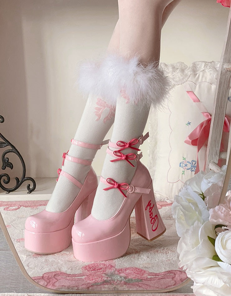 Dreamy White Tea Baby Bow EGL Platform High Heels Shoes