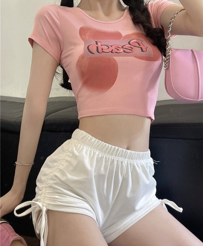 Sexy Girl White Pink Peaches High Waist T-shirt Top