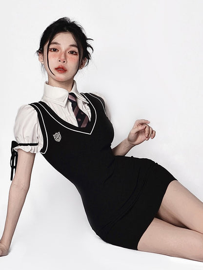 Young Eyes Preppy College School Girl Academia Black & White Shirt Dress Two Piece Set