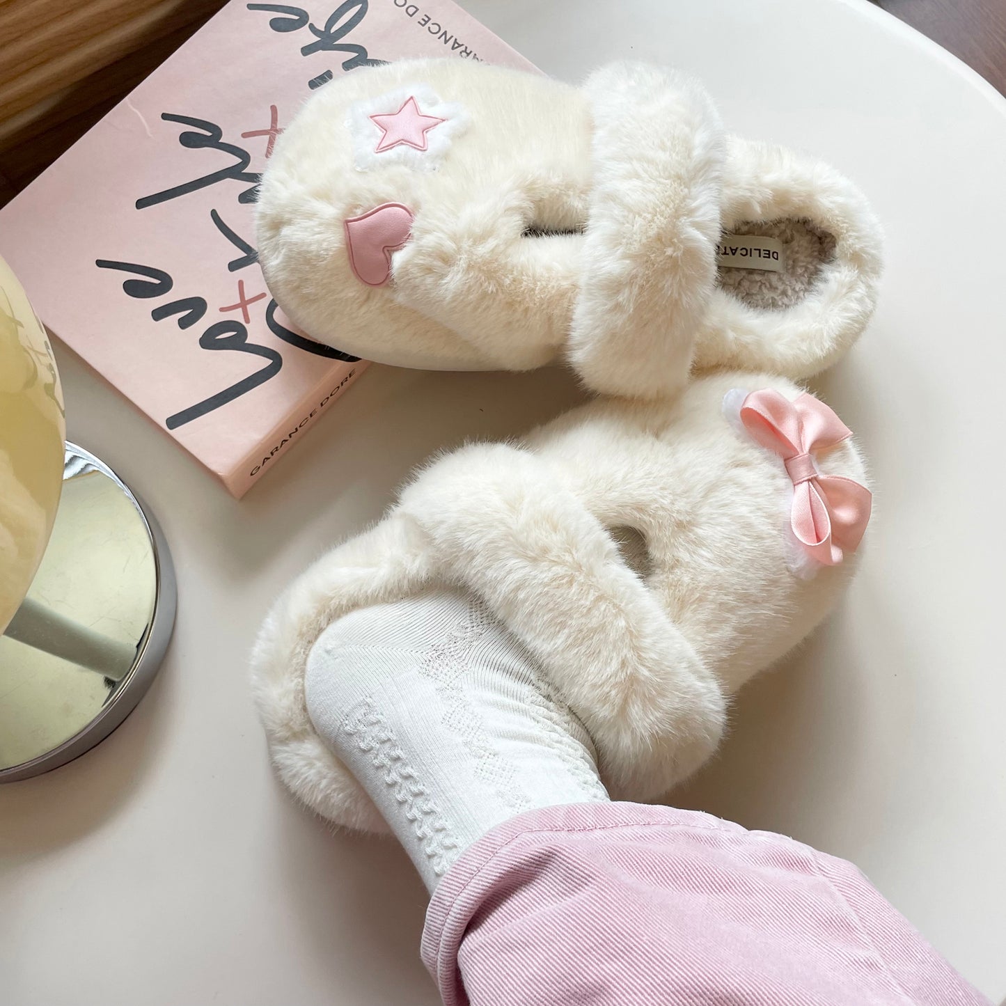 Pink Bow Star Heart Love Plush Fluff Slippers Shoes