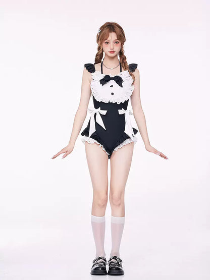 Masked Cat Lazy Maid Black White One Piece Swimsuit