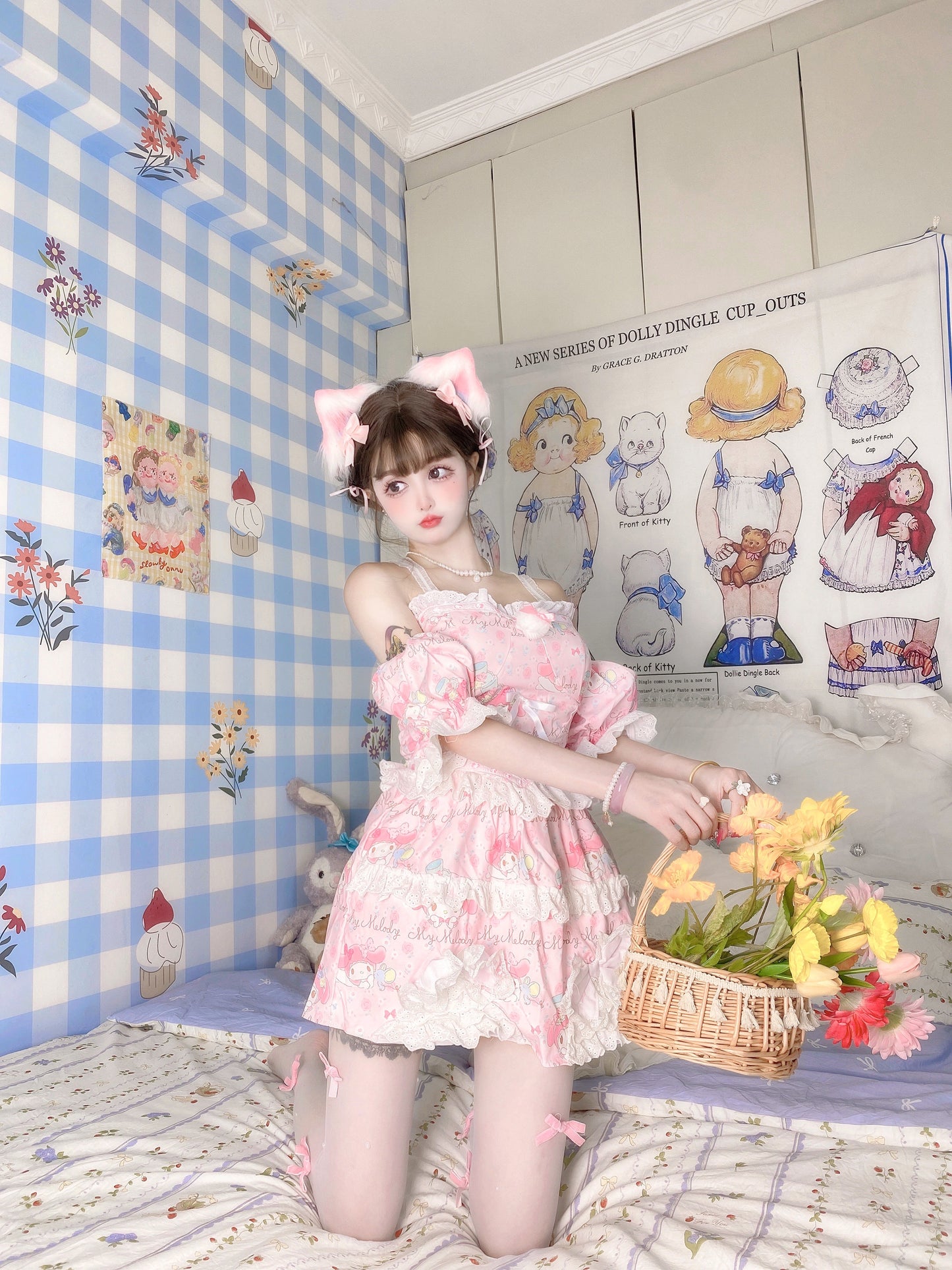 Candy Fairy Pink Melody Cartoon Camisole Puff Sleeve Top & Skirt Pajamas Two Piece Set