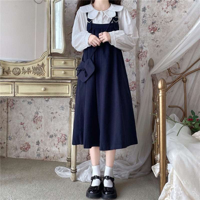 Autumn Mori Girl Heart Navy Blue Black Brown Green Dress Suspender Skirt & White Shirt Blouse Two Piece Set