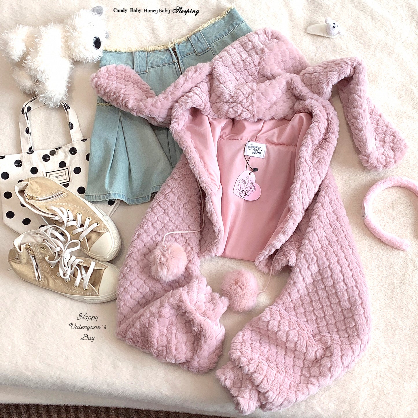 Dormir Doll Winter Pink Rabbit Ears & Brown Bear Ears Hoodie Short Jacket