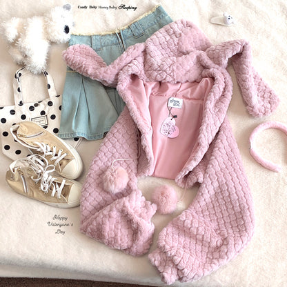 Dormir Doll Winter Pink Rabbit Ears & Brown Bear Ears Hoodie Short Jacket