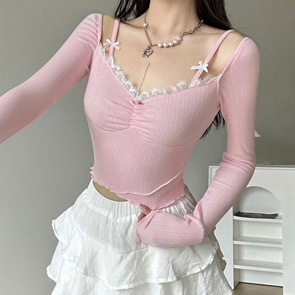 Coquette Pink Rose Lace Bow Square Neck Shirt Top