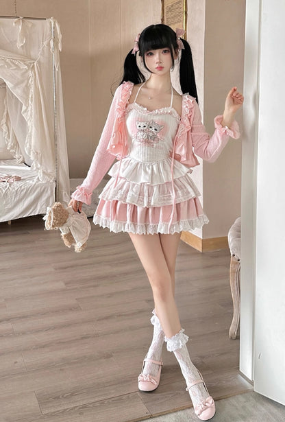 Serendipity Coquette Love Song Cat Camisole & Pink Cardigan & Ruffled Skirt Three Piece Set