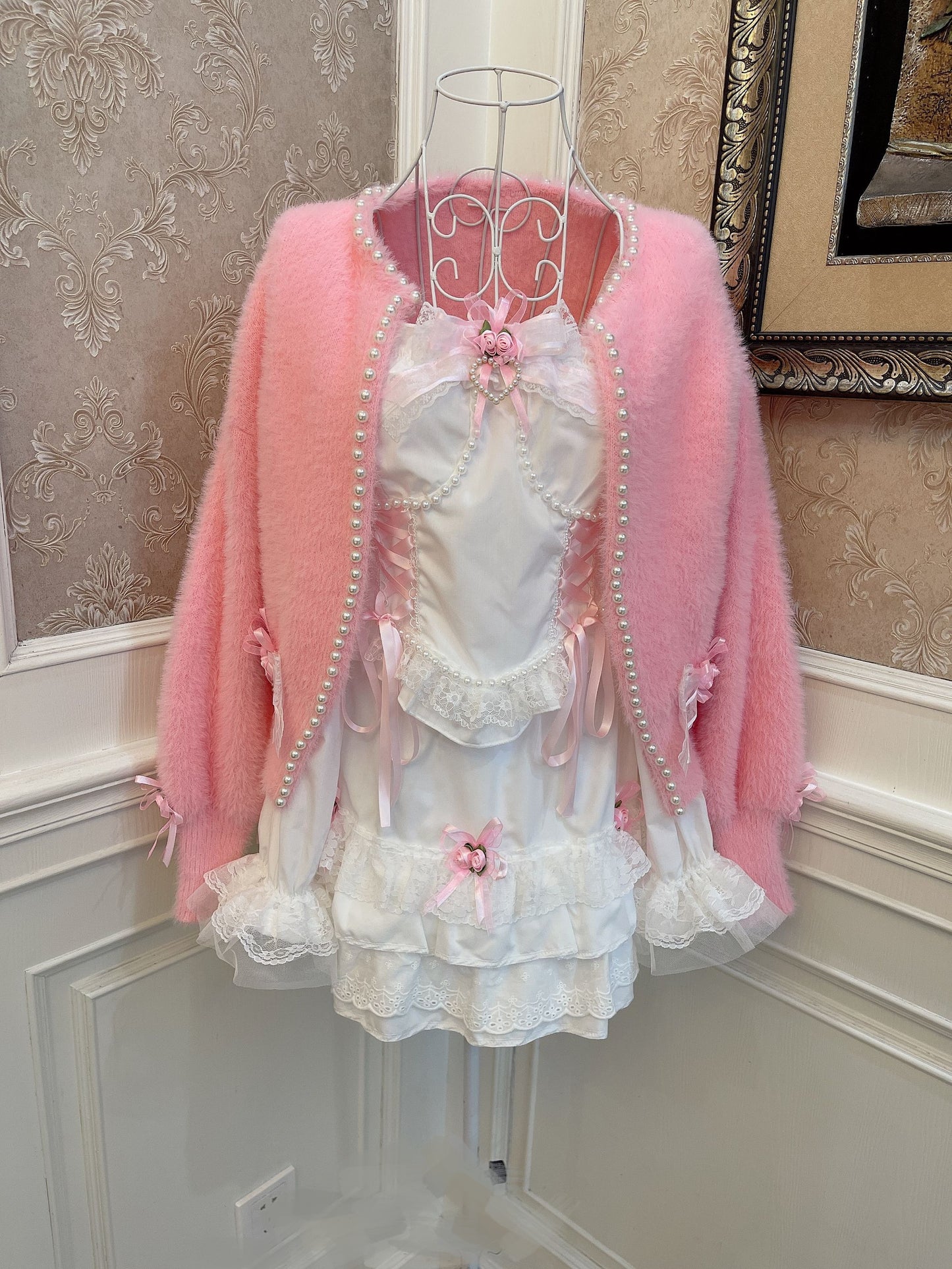 Sweetheart Princess Mohair Plush Pink Rose Lace Knit Sweater Cardigan