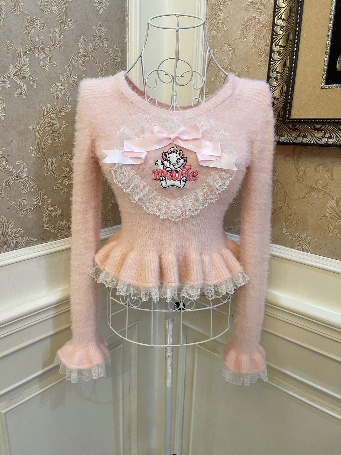 Sweetheart Princess Winter Marie Cat Pink Fuzzy Cropped Sweater & White Ruffled Skirt Two Piece Set