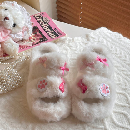 Plush Fluff Dog Paw Bow Furry Winter Shoes Slippers