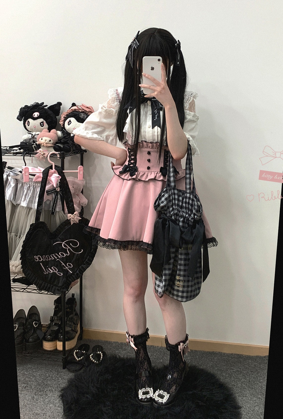 Kitten Bullet Jirai Kei Doll Mode Lace Pink Black Blue Suspender Skirt