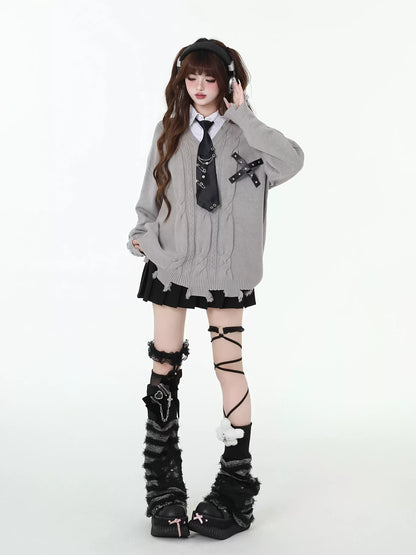 Crazy Girl New Student Report Black Gray Knit Sweater