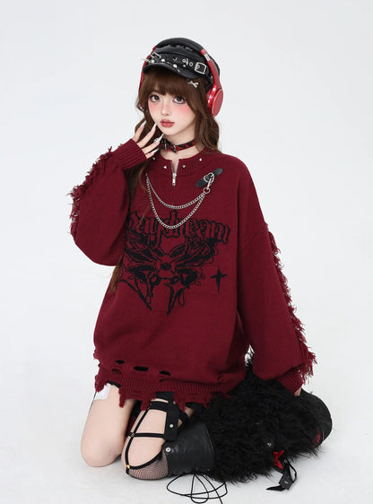 Crazy Girl Daydream Butterfly Black White Pink Red Knit Sweater