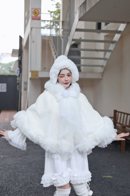 Sweetheart Princess Winter White Polar Bear Ears Fur Hooded Cloak Cape Jacket