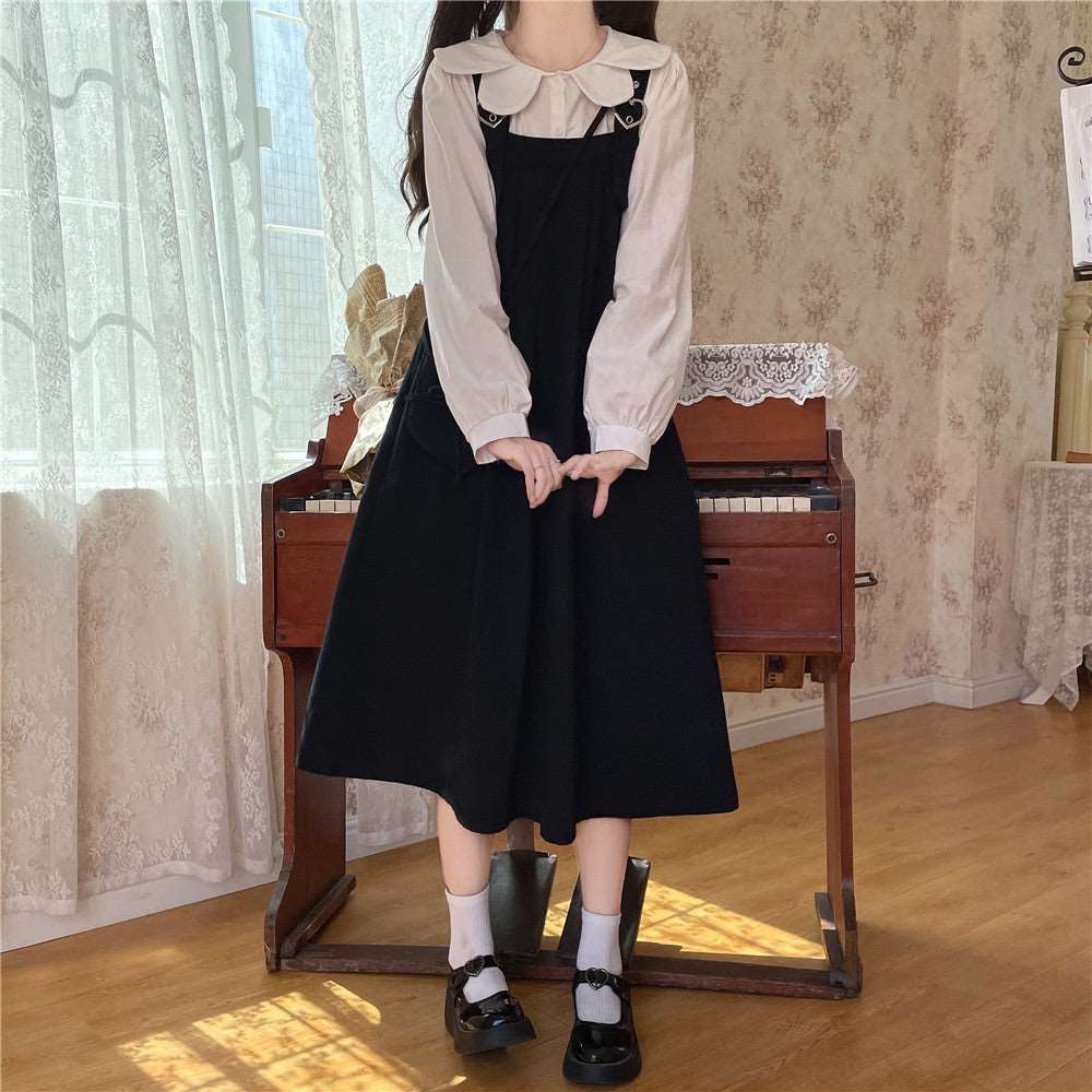 Autumn Mori Girl Heart Navy Blue Black Brown Green Dress Suspender Skirt & White Shirt Blouse Two Piece Set