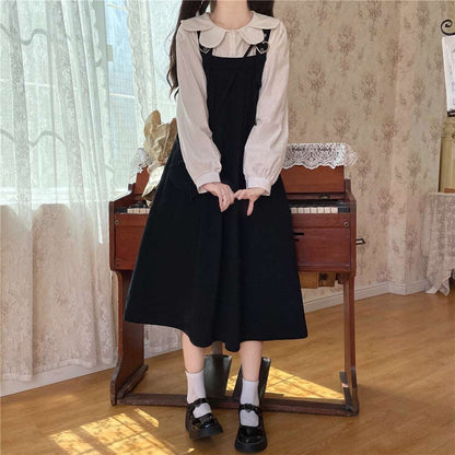 Autumn Mori Girl Heart Navy Blue Black Brown Green Dress Suspender Skirt & White Shirt Blouse Two Piece Set