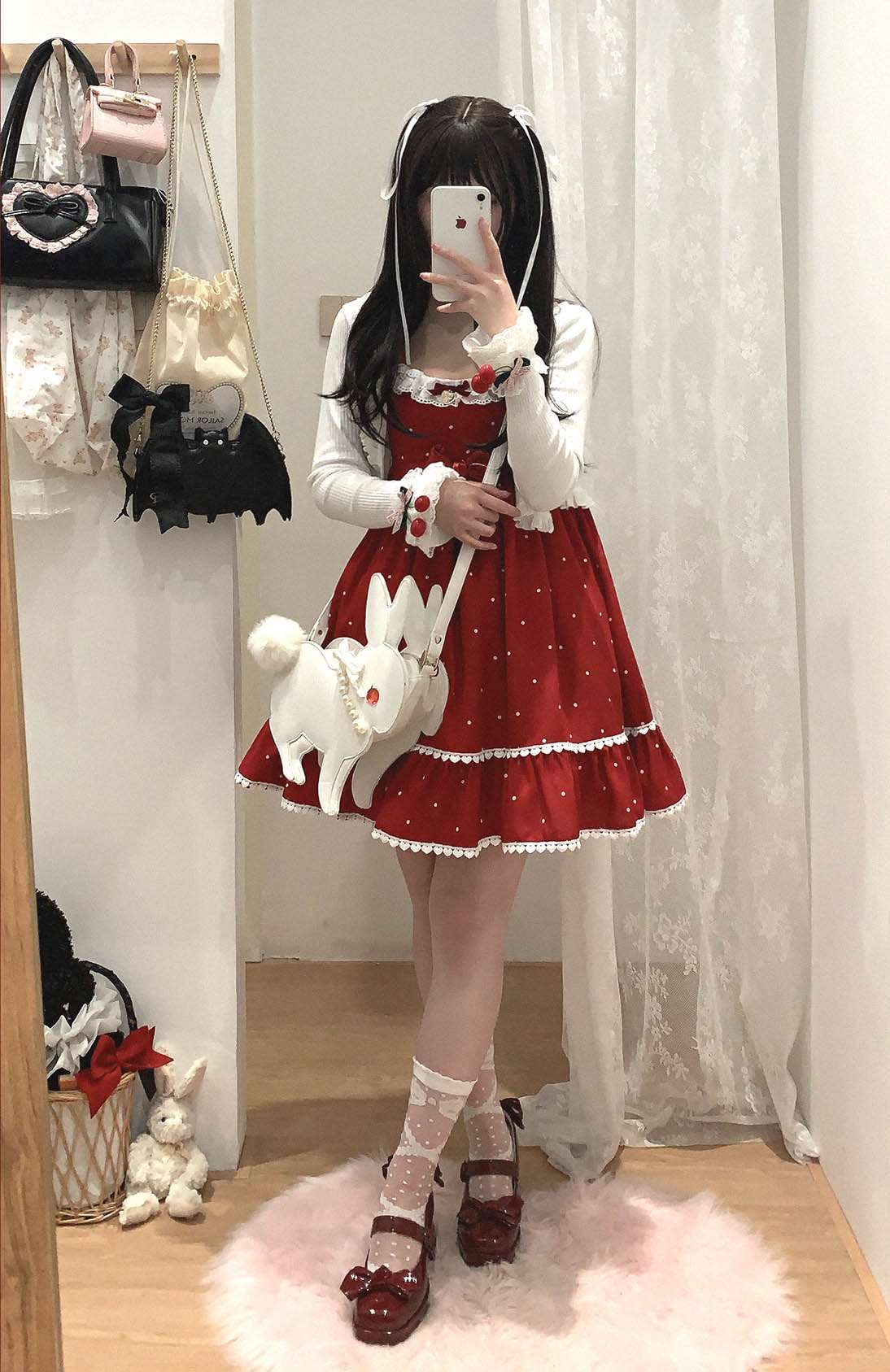 Dormir Doll Christmas Love Polka Dot White & Red Chiffon Strap Dress