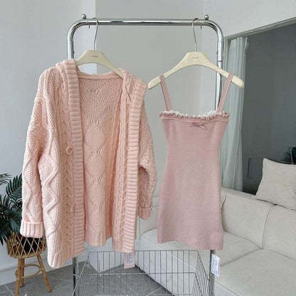 Creamy Sweet Soft Girl Pink Knit Long Cardigan & Strap Dress Two Piece Set