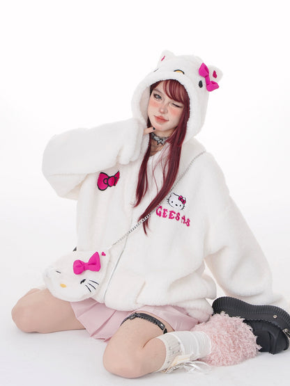 Young Eyes Cute Kitty Cat Pink Black White Y2K Plush Oversize Hoodie Jacket