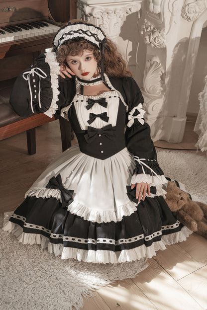 Gothic Dark Maid Cosplay EGL Black White Elegant Bow Dress & Jacket Two Piece Set