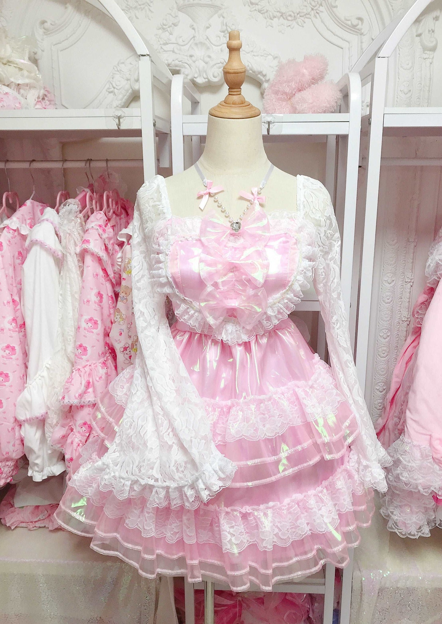 Candy Fairy Party Banquet Sweet Pink Sparkling Ruffled Long Sleeve Dress