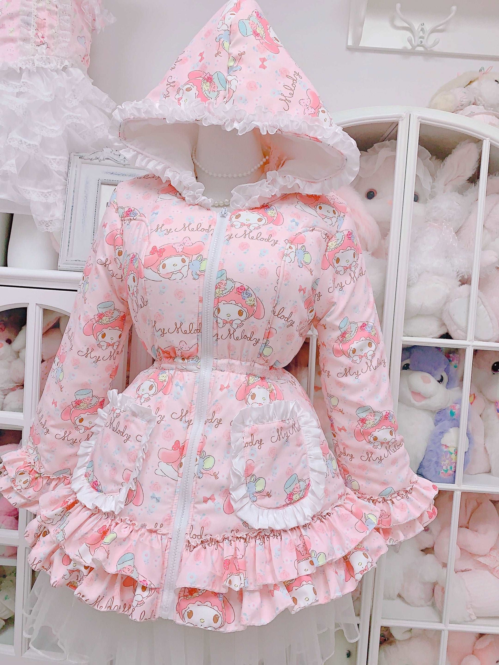 Candy Fairy Sweet Melody Pink Princess Lace Hooded Winter Padded Puffer Jacket Coat Dress