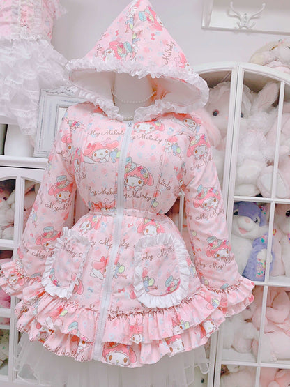 Candy Fairy Sweet Melody Pink Princess Lace Hooded Winter Padded Puffer Jacket Coat Dress