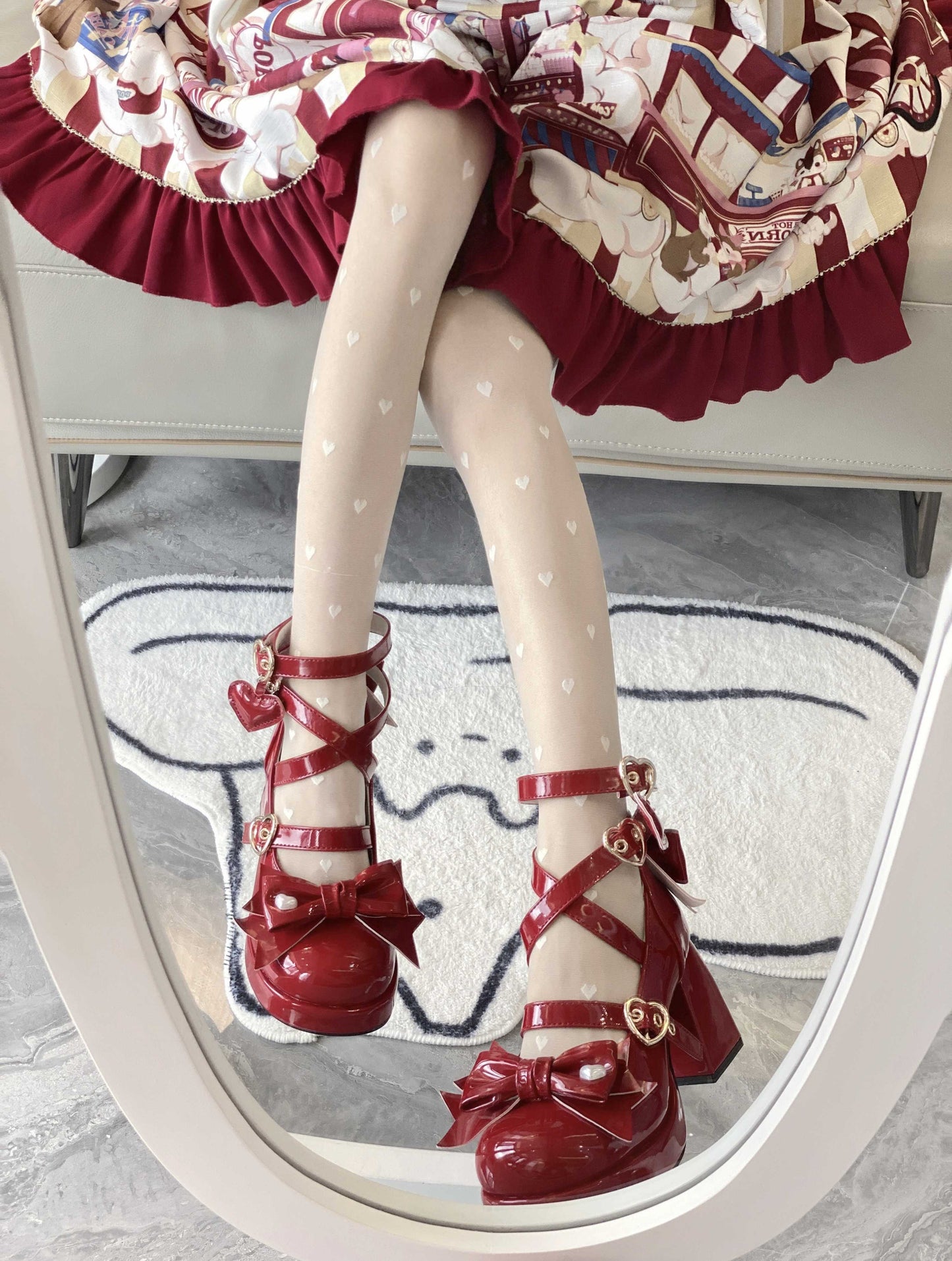 Love Song Love Track Lolita Black White Pink Red Bow Mary Jane High Heels Shoes