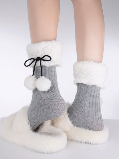 Winter Floor Knit White Beige Brown Gray Black Pompom Balls Socks