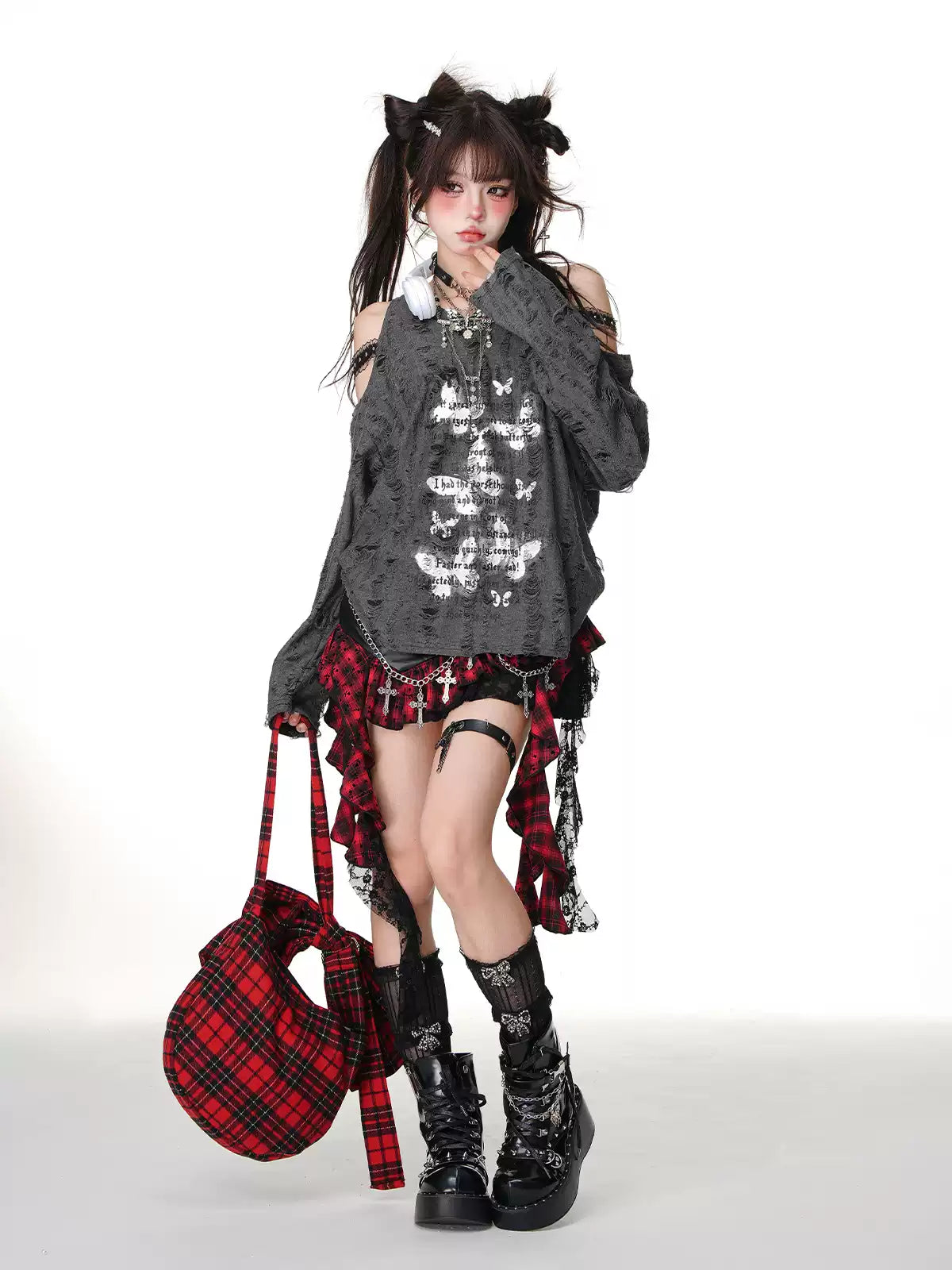 Young Eyes Ninth Street Plaid Black Red Leather Mini Skirt