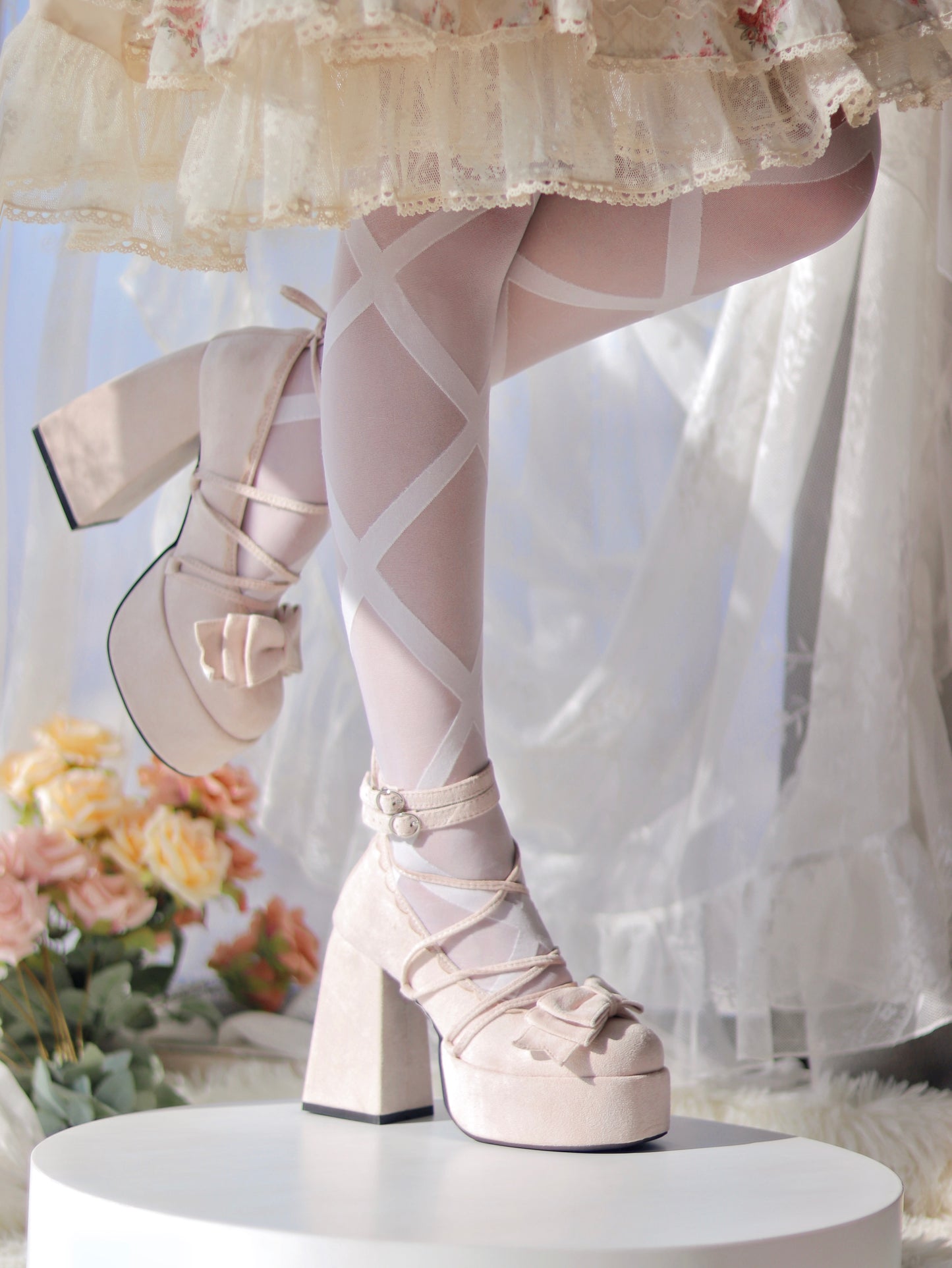 Lost Fairy Rose Confession EGL Sweet Velvet Angel Strap Bow Mary Jane High Heels Shoes