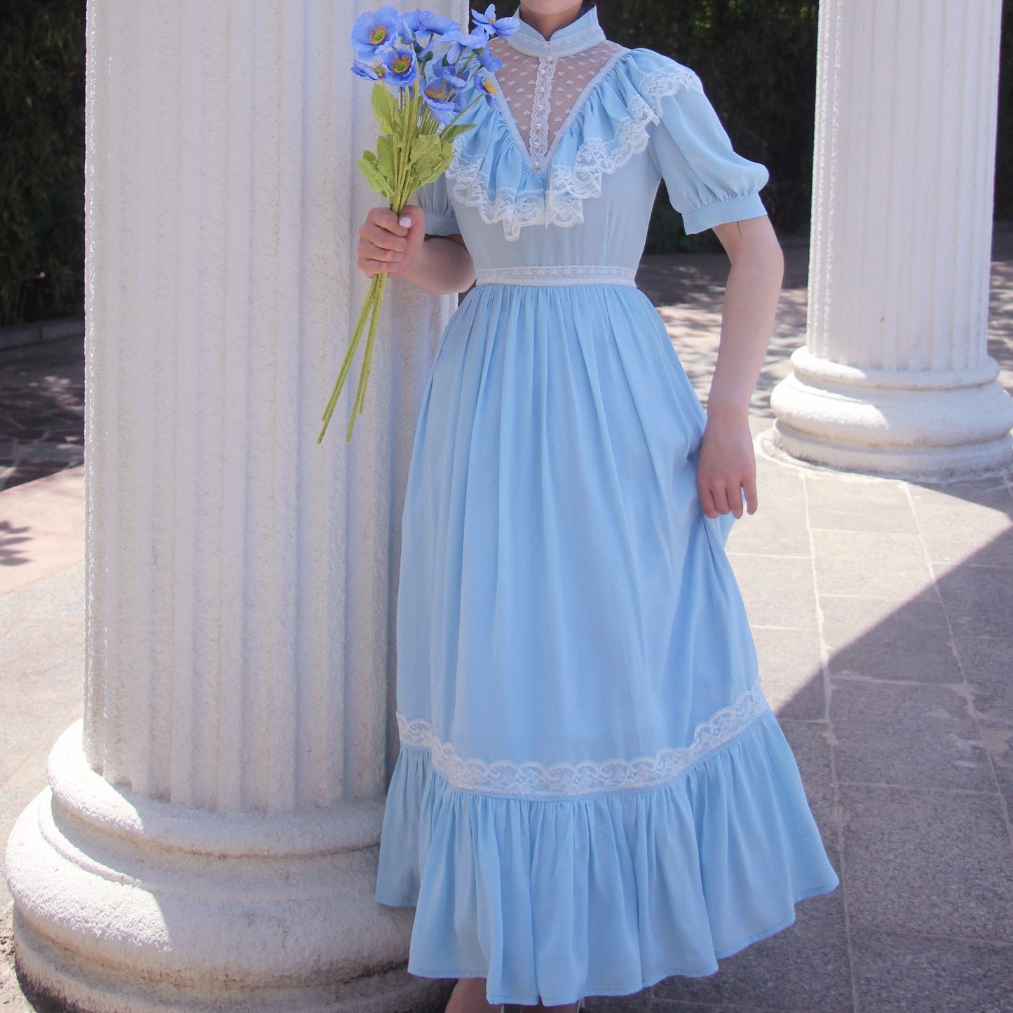 Vintage Glow Lace Satin Retro Classic Princess Sky Aqua Blue Puff Sleeve Dress