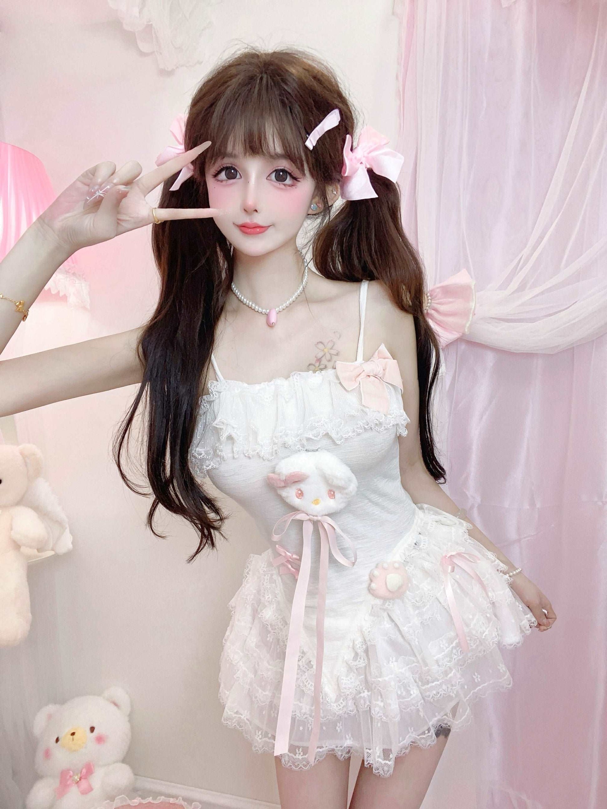 Candy Fairy Angel Kitty Camisole Top & White Cardigan & Ruffle Skirt Three Piece Set