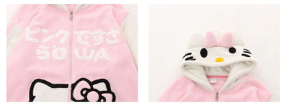 Cute Kitty Cat Pink Black Polar Fleece Y2K Oversize Hoodie Jacket