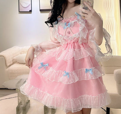 Candy Fairy Coquette Sweet Pink Bow Party Long Sleeve Ruffled Dress