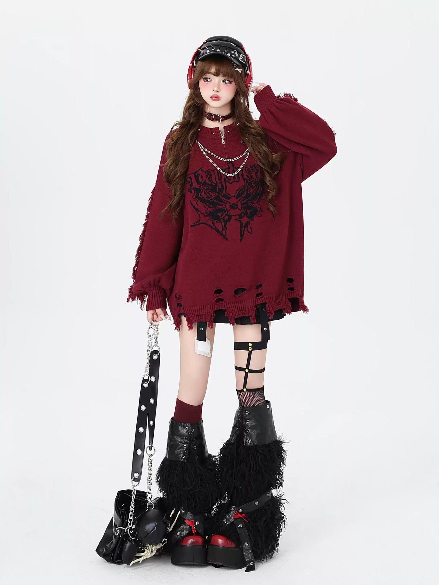 Crazy Girl Daydream Butterfly Black White Pink Red Knit Sweater