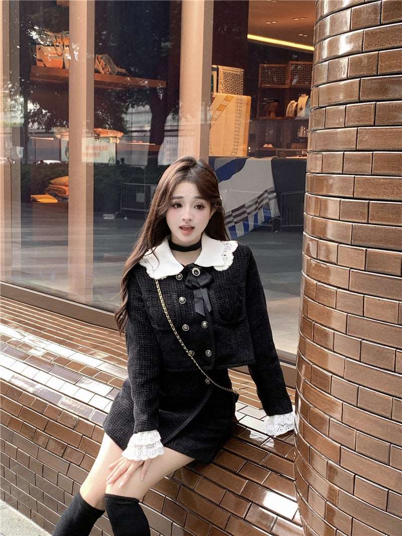 Chic Vintage Autumn Black Jacket Top Lace Ruffled & Mini Skirt Two Piece Set