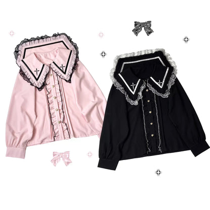 Kitten Bullet Jirai Kei Praying Girl Lace Doll Collar Black White Blue Pink Shirt Blouse