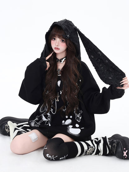 Crazy Girl Sad Anime Girl Black White Rabbit Ears Jacket Hoodie