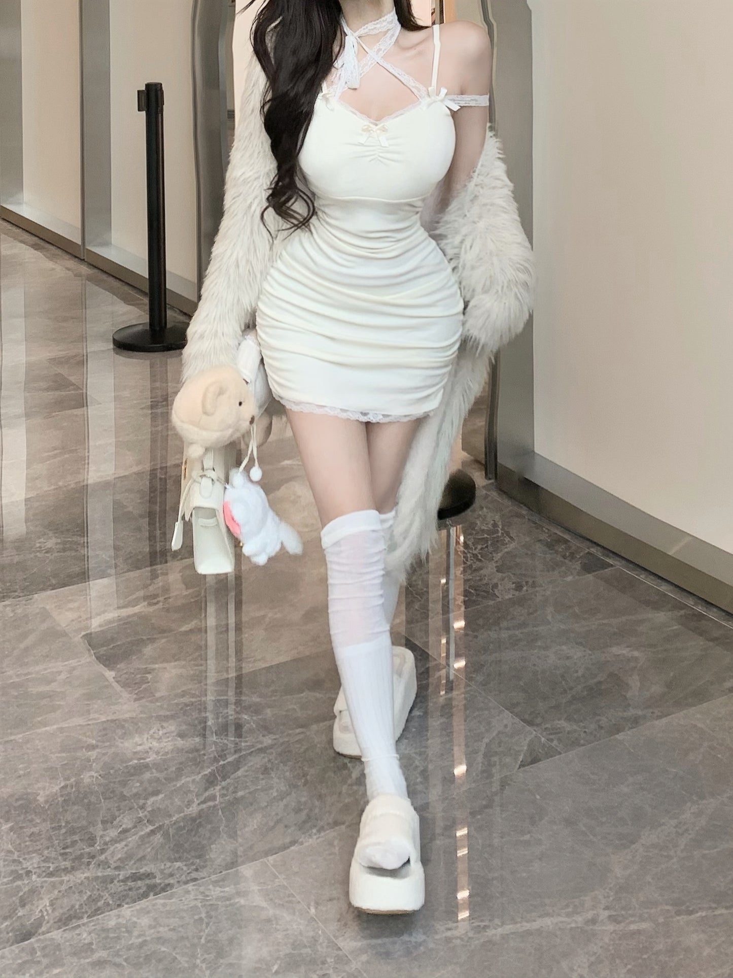 Sexy Bodycon White Strap Dress & Winter Fur Jacket Two Piece Set