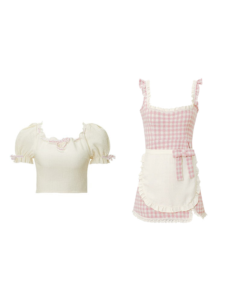 Serendipity Coquette Sweet Girl Cream Puff Sleeve Shirt & Plaid Pink Suspender Strap Dress Apron Maid Two Piece Set