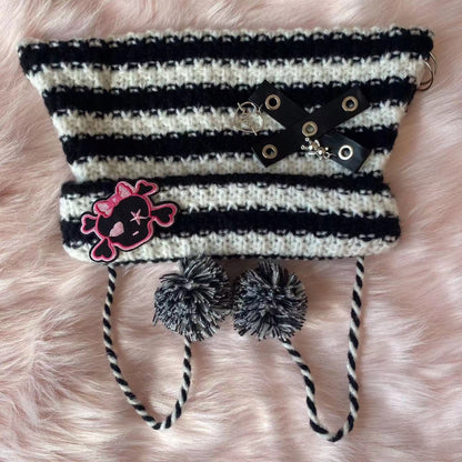 Y2K Handmade Knit Cross Skull Striped Cute Winter Hats Beanie