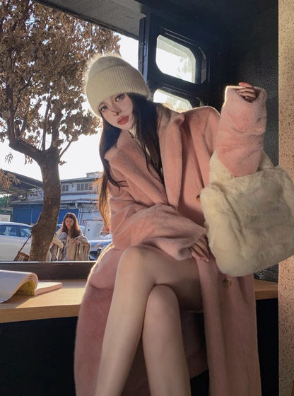 Pink Winter Velvet Mid-length Long Woolen Coat