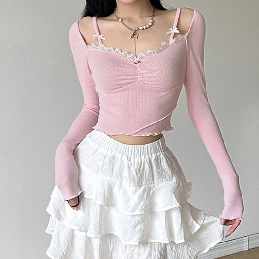 Coquette Pink Rose Lace Bow Square Neck Shirt Top