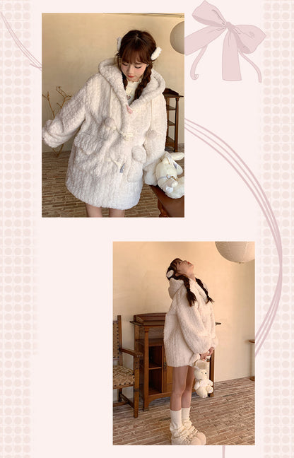 Velvet Winter Cute Plush Hooded Woolen White Coat