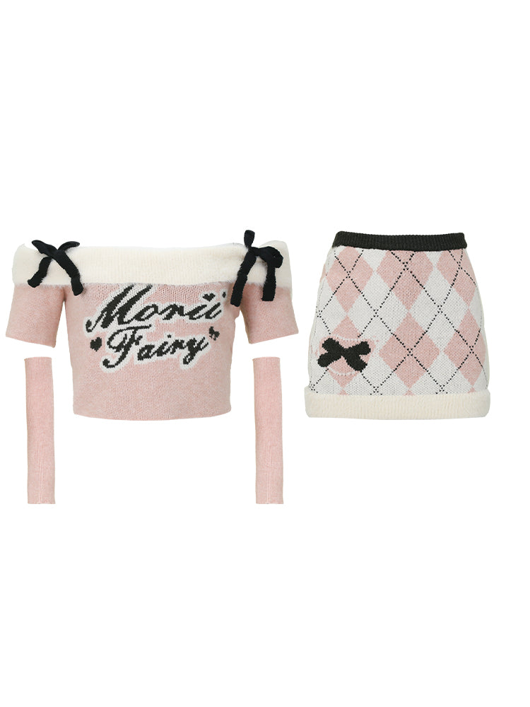 Serendipity Autumn Winter Pink Off Shoulder Knit Sweater & White Argyle Mini Skirt Two Piece Set