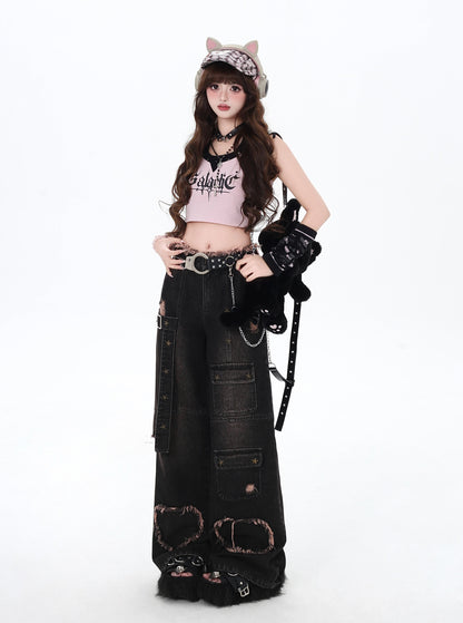 Crazy Girl Distressed Punk Black Heart Denim Baggy Pants