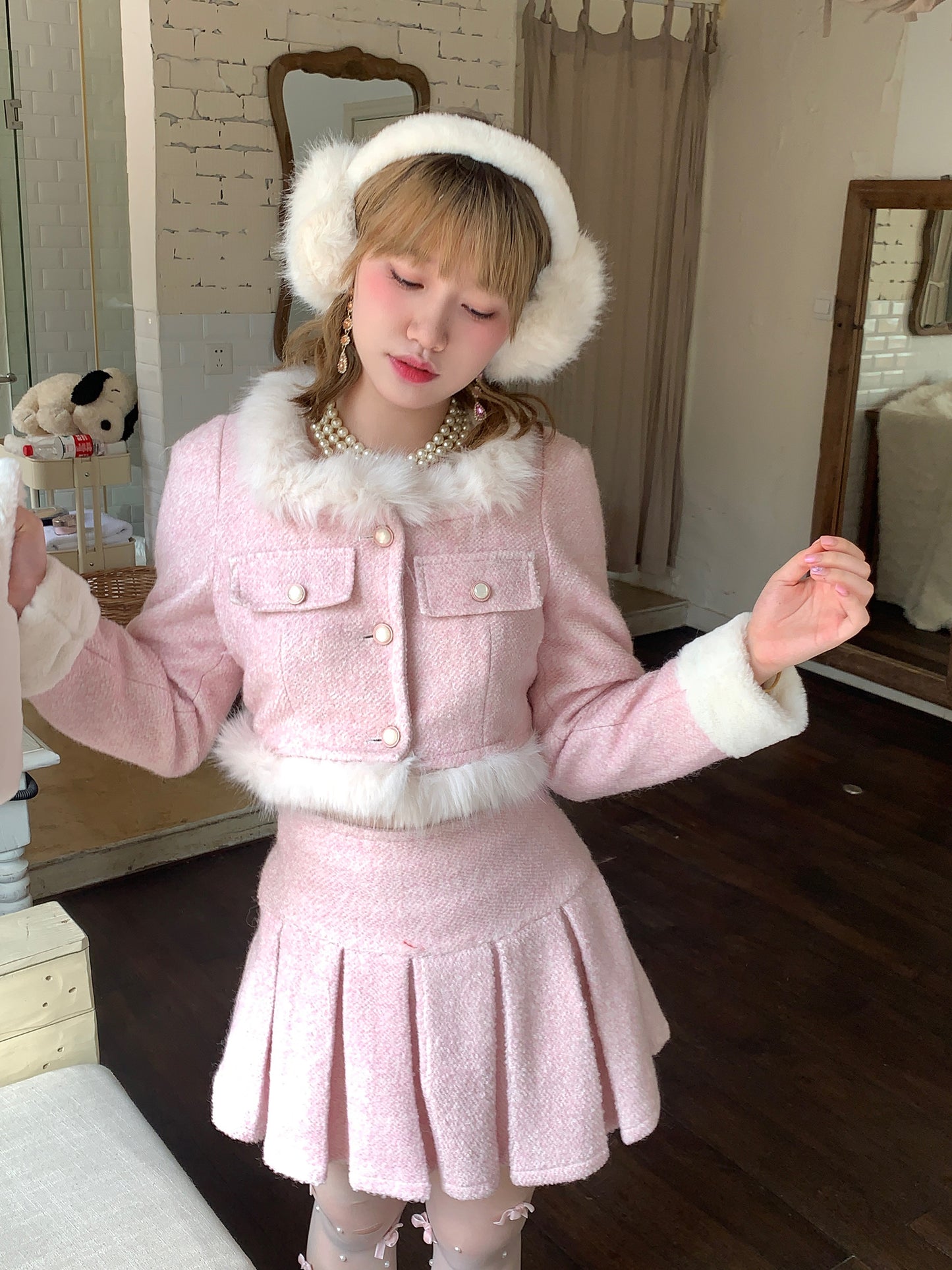 Picnic Girl Regal Peach Pink Fur Collar Coat Jacket Skirt Two Piece Set