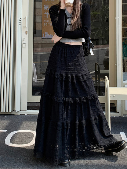 Spring White Black Flower Lace Layered Long Cake Gathered Skirt