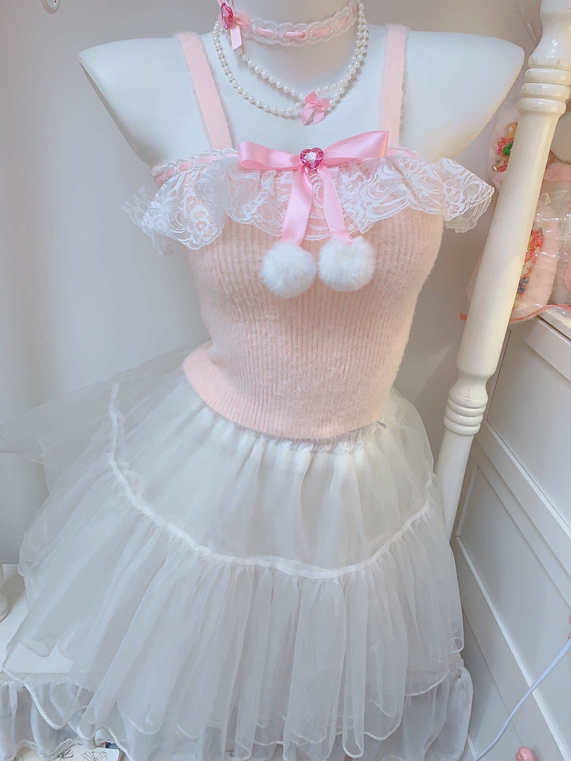 Candy Fairy Winter Sweet Knit Pink White Black Lace Pompom Balls Camisole Top